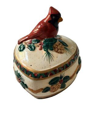 Vintage Cardinal Heart Trinket Box Ceramic Lidded Jewelry Box Christmas Decor